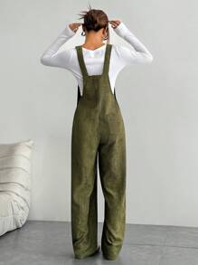 Flirla 休闲灯芯绒背带工装裤，带翻盖口袋，春秋季 - 軍綠色 - 查看 2