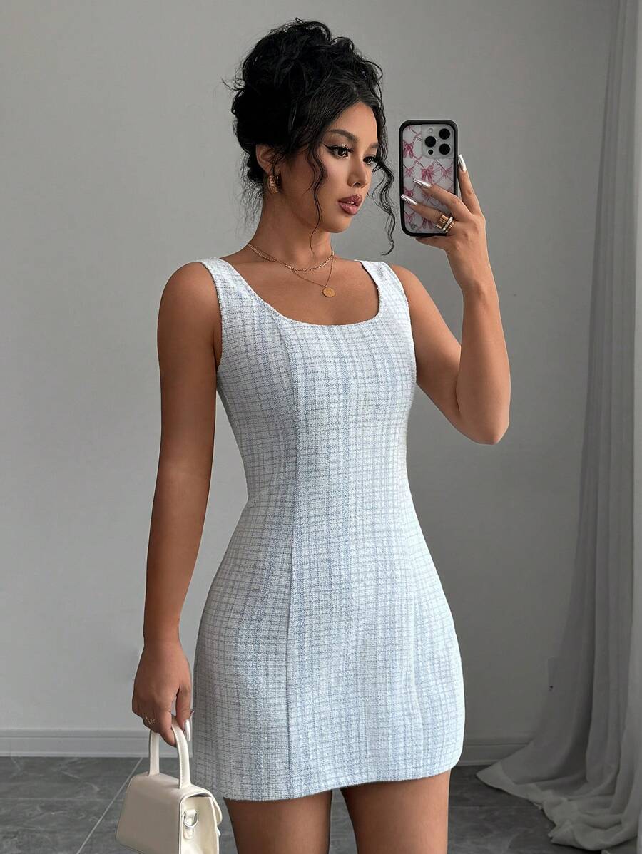 Selianne 女士优雅格子无袖收腰连衣裙，夏季 - 藍色 - 查看 1