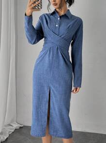 Chiquease Cross-Wrap Split Hem Casual Dress, Spring Autumn - Blue - View 1