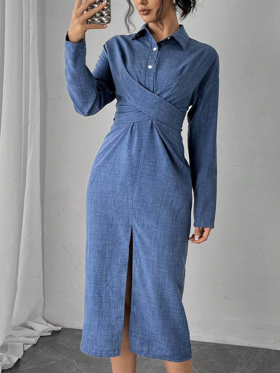 Chiquease Cross-Wrap Split Hem Casual Dress, Spring Autumn - Blue - View 1