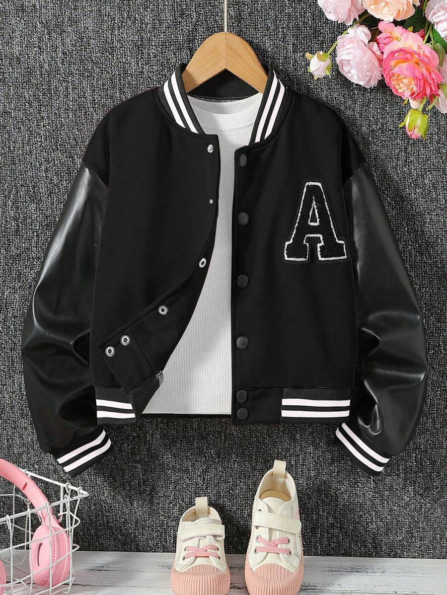 Sparklyn Tween Girl Pink Letter Patchwork PU Leather Long Sleeve Casual Baseball Jacket - Black - View 1