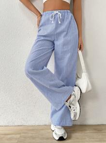 SHEIN EZwear 系带条纹休闲裤 - 藍白色 - 查看 1
