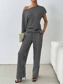 Chiquease 2 cái/bộ Quần sọc bất đối xứng và quần lưng cao co giãn có túi thẳng - Nhiều màu - Xem 1