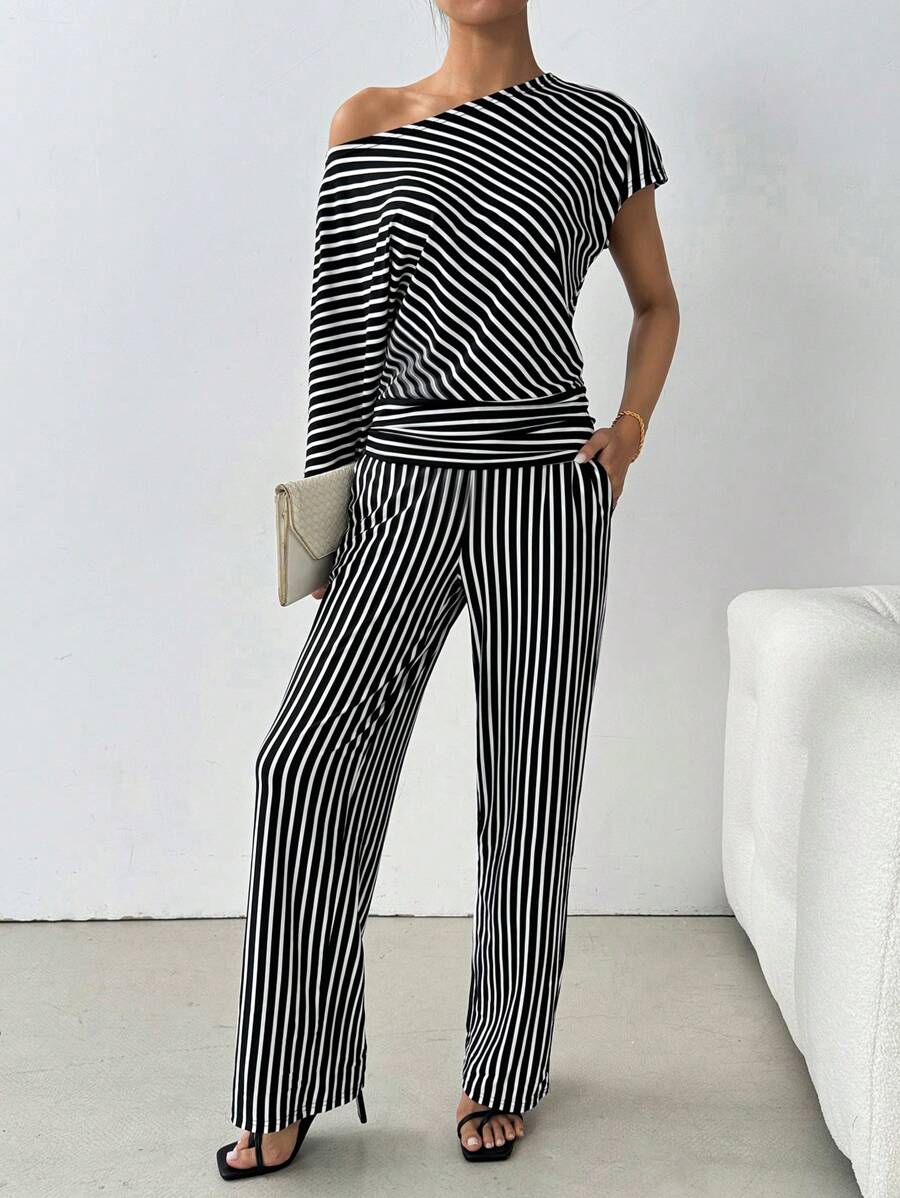 Chiquease 2 cái/bộ Quần sọc bất đối xứng và quần lưng cao co giãn có túi thẳng - Nhiều màu - Xem 1