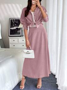 Chiquease 2 件套亚麻宽松休闲衬衫和裙子 - 粉色 - 查看 5