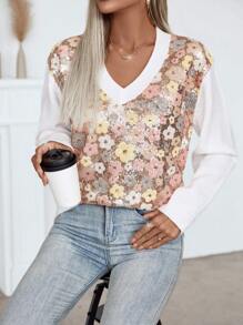 SHEIN LUNE 女士时尚花卉亮片装饰长袖休闲毛衣 - 彩色 - 查看 3