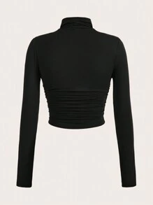 SHEIN Girlism Tween Girls Simple Comfortable Ruched Long Sleeve T-Shirt - Black - View 2