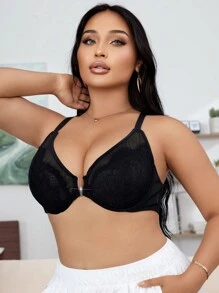 Áo ngực cỡ lớn & áo ngực không dây có ren tương phản lãng mạn và khóa cài phía trước, đồ lót - màu đen - Xem 4