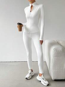 SHEIN EZwear Dames 2-delige effen kleur lange mouwen rits jas en legging casual set, lente herfst sportkleding