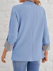 SHEIN LUNE 女式纯色翻领中袖纽扣前口袋西装外套 - 淺藍色 - 查看 2