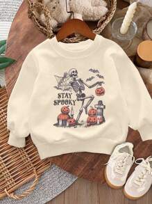 Young Girl' Comfortable & Fashionable Halloween Pumpkin & Skull Pattern Thermal Lined Sweatshirt In Autumn & Winter - Apricot - View 1