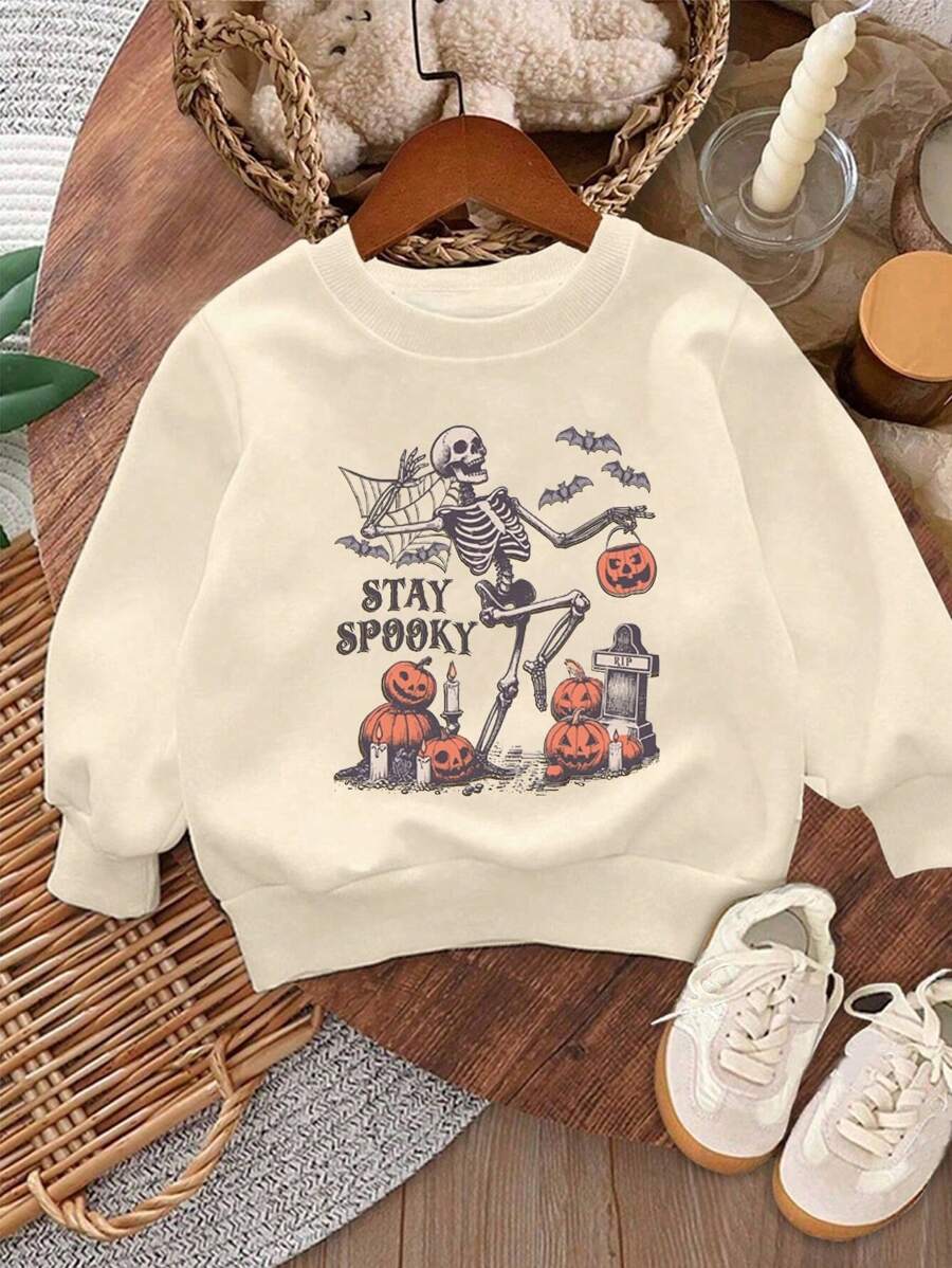 Young Girl' Comfortable & Fashionable Halloween Pumpkin & Skull Pattern Thermal Lined Sweatshirt In Autumn & Winter - Apricot - View 1