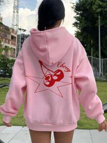 Muchica 女款樱桃图案宽松长袖抽绳加厚连帽衫，适合秋冬季 - 淺粉色 - 查看 2