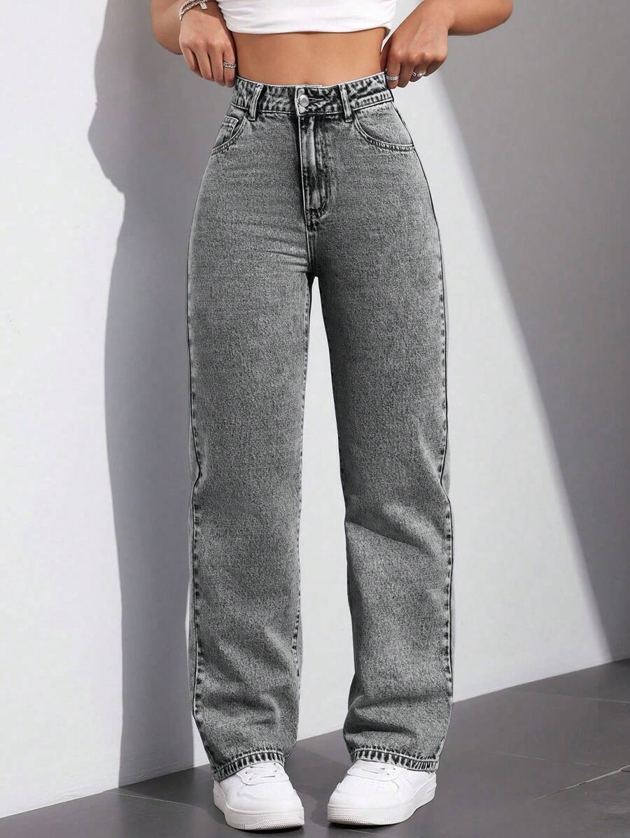 SHEIN EZwear Casual Washed Straight-Leg Jeans - Grey - View 1