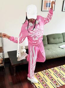 SHEIN 2 件套青少年女孩春秋季字母印花落肩连帽衫运动衫和休闲裤套装 - 粉色 - 查看 4