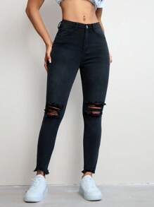 Flexra Simple Solid Front Button Ripped Pockets Casual Denim Pants, Daily Wear - Black - View 7