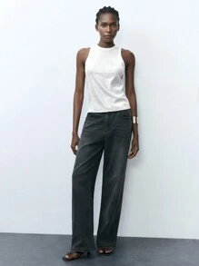 Maija Damski, brokatowy, patchworkowy, okrągły dekolt, swobodny top, nowoczesny miejski design, lato