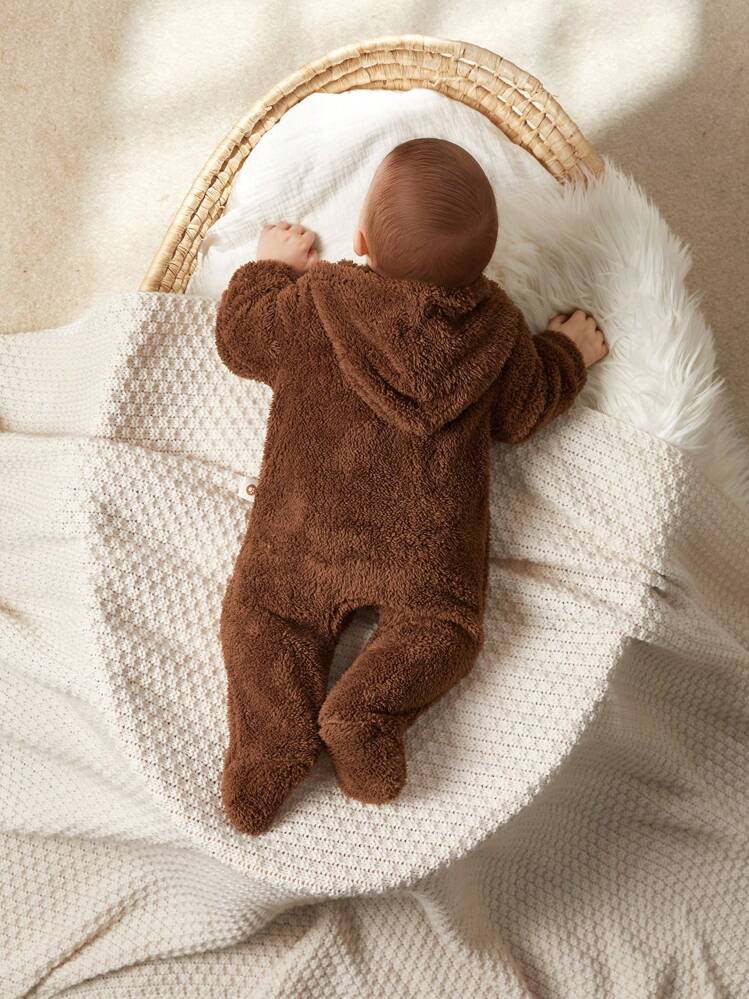 Cozy Pixies Mono con capucha de forro polar grueso con orejitas de oso de dibujos animados para bebé recién nacido niño - Marrón - Añade 2