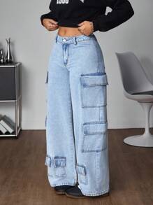 SHEIN ICON 女式多口袋宽腿宽松休闲牛仔裤 - 霧霾藍 - 查看 6