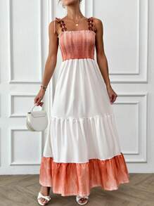 RueChic Women's Contrast Color Ruffled Hem Maxi Casual Dress For Beach