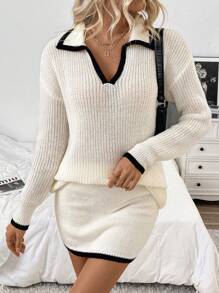 SHEIN LUNE Conjunto de jersey oversize con bloque de color y cuello, y minifalda, estilo moda europea y americana para otoño/invierno - Beis - Ver 3