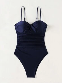 SHEIN Swim 1pc Women's Summer Vacation Solid Color Twisted Spaghetti Strap One-Piece Swimsuit With Underwire And Push-Up - Navy Blue - View 4