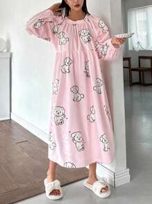 DAZY Cute Dog Pattern Flannel Ruched Design Loose Nightgown
