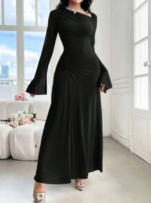 Modelyn 女士优雅纯色喇叭袖扭纹长裙，春秋长款晚礼服 - 黑色 - 查看 3