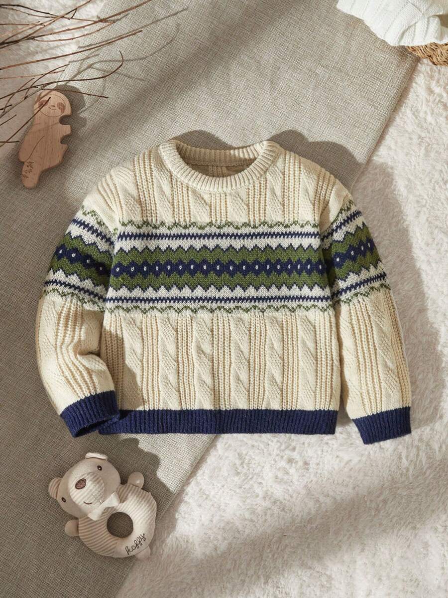 Áo len cổ tròn màu tương phản Fair Isle của Young Boy, có thiết kế cổ điển và thời trang - Xám - Xem 1