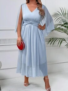 SHEIN Clasi Vestido simple con contraste de malla, cuello en V y fruncido, talla grande - Azul - Ver 4