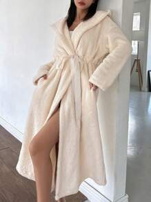 DAZY Minimalist Hooded Flannel Thick Belted Bathrobe Fluffy, Thermal Lined Fall, Winter, Cozy - Beige - View 4