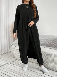 SHEIN LUNE Bộ 3 món/Bộ áo khoác cardigan dài tay màu trơn cỡ lớn dành cho nữ mùa thu đông, áo ba lỗ cổ tròn và quần buộc eo, trang phục thường ngày Halloween, đồ Halloween, bộ quần áo nữ, bộ đồ hai mảnh màu đen, trang phục sân bay cho nữ, trang phục du lịch sân bay - màu đen - Xem 6