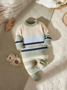 Bộ đồ liền quần len kẻ sọc cho bé trai, cổ tròn, tay dài, có chân, ấm áp và thoải mái cho mùa thu/đông, có sẵn màu mơ, xanh lam, xanh navy, xanh lá cây nhạt - Nhiều màu - Xem 1