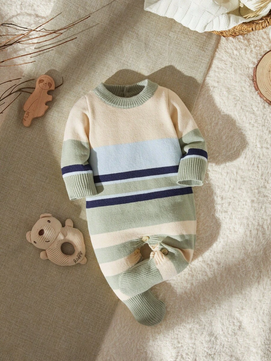 Bộ đồ liền quần len kẻ sọc cho bé trai, cổ tròn, tay dài, có chân, ấm áp và thoải mái cho mùa thu/đông, có sẵn màu mơ, xanh lam, xanh navy, xanh lá cây nhạt - Nhiều màu - Xem 1