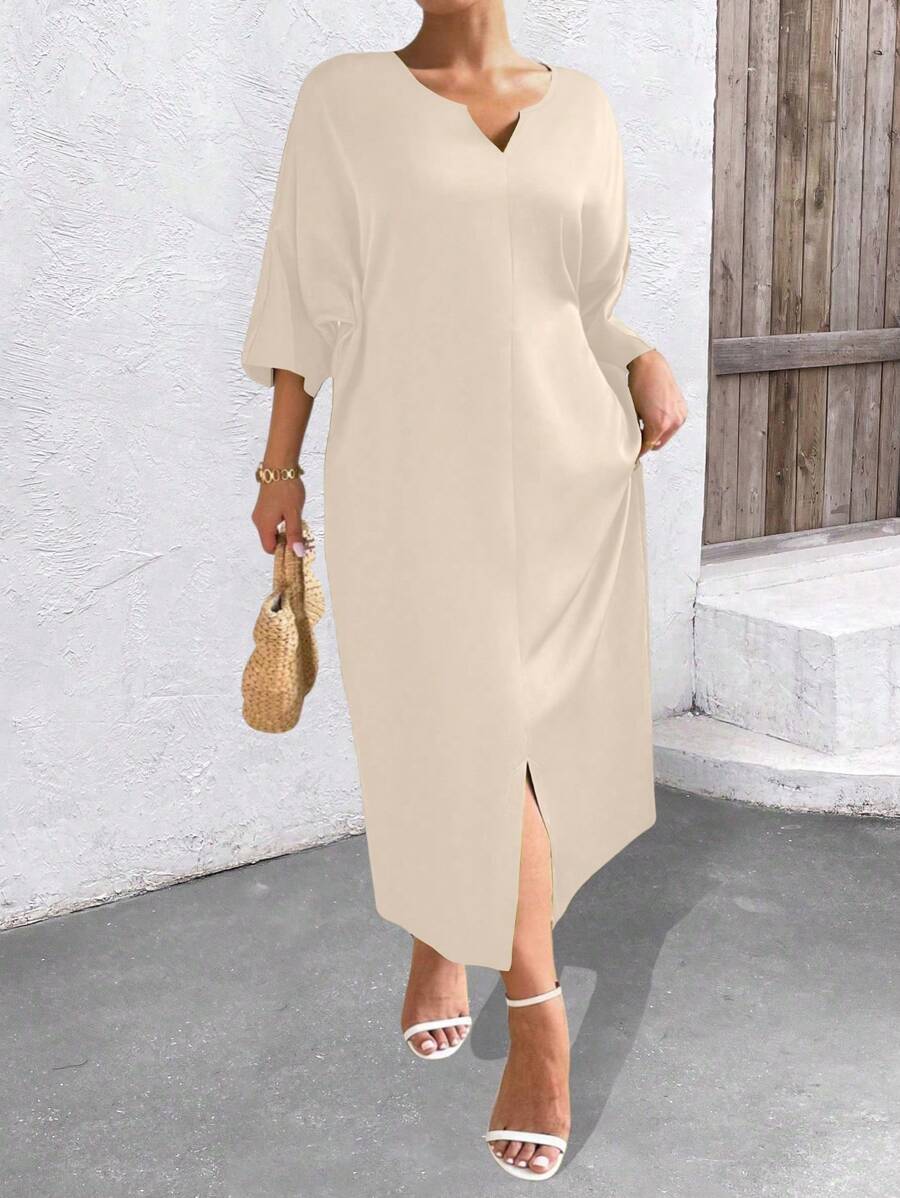 SHEIN Clasi 大码休闲纯色蝙蝠袖连衣裙 - 杏色 - 查看 1