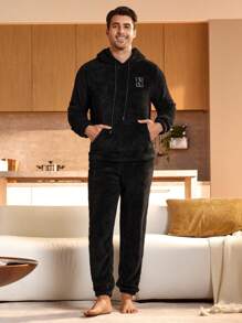 Men's Letter Printed Drawstring Hooded Fleece Top And Pants Loungewear Set, Fall/Winter Clothes, Fluffy Pajama - Black - View 7