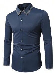 Manfinity Mode 男士春夏格子拼接长袖休闲通勤衬衫，男士正装衬衫，正装衬衫，男士商务休闲衬衫 - 藏蓝色 - 查看 3