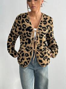 Flirla Leopard Print Faux Suede Front Tie Long Sleeve Casual Jacket - Brown - View 5