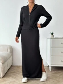 EURMUSE Black Long Skirt And Cardigan Sets - Black - View 1