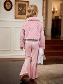 SHEIN Bộ 3 áo khoác ngắn tay dài cổ bẻ thanh lịch, rộng rãi cho bé gái, áo hai dây màu trơn bó sát và quần ống loe cạp chun - Hồng - Xem 2