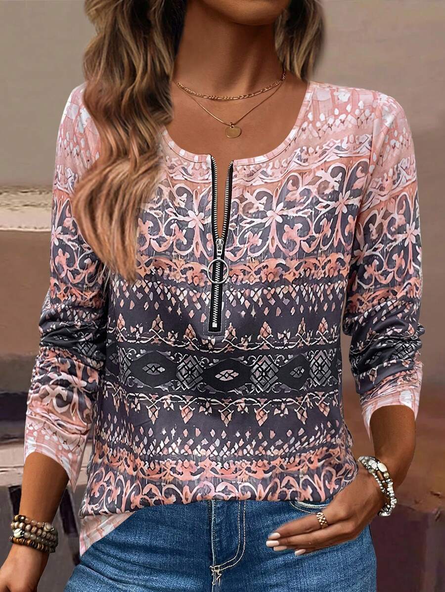 EMERY ROSE 女士印花V领长袖休闲T恤，春夏图案T恤，女士上衣，适合春秋季穿着 - 粉色 - 查看 1