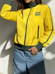 SHEIN Muchic Áo khoác dài tay màu tương phản hình quốc kỳ Brazil dành cho nữ - Màu vàng - Xem 3