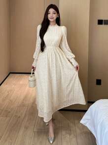 DAZY 女士长款蕾丝边保暖衬里白色连衣裙，秋季连衣裙长袖连衣裙婚礼女士连衣裙 - 米色 - 查看 11