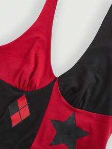 Harley Quinn | ROMWE 女士双色菱形花纹星星印花紧身胸衣吊带上衣，夏季 - 彩色 - 查看 3