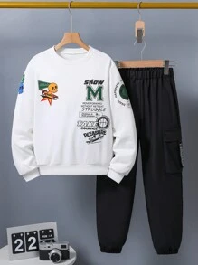 2pcs Tween Boys Casual Fashion Letter Print Jogger Pants Outfit, Suitable For Daily Wear