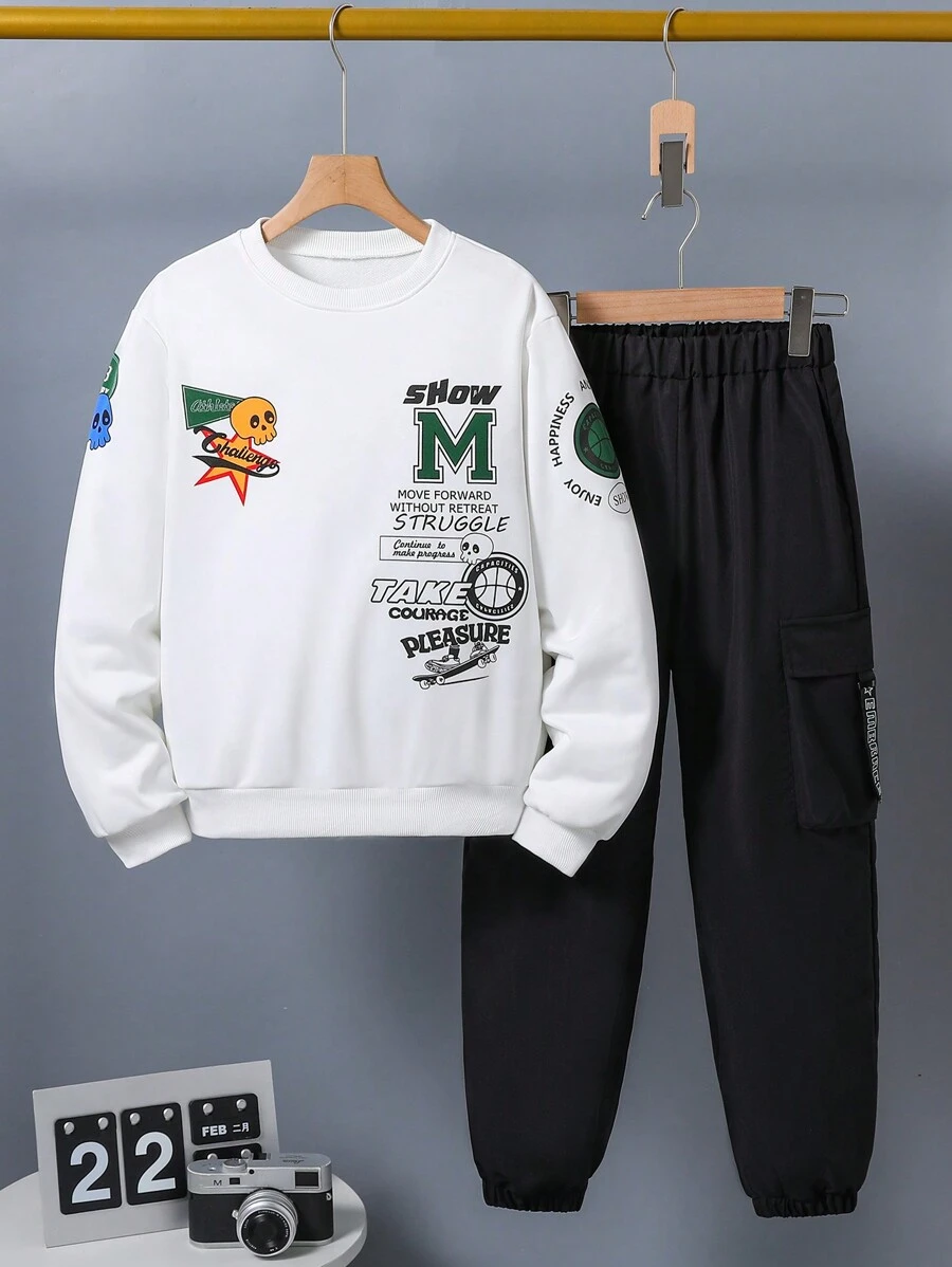 2pcs Tween Boys Casual Fashion Letter Print Jogger Pants Outfit, Suitable For Daily Wear