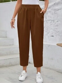 Women's Elastic Waist Pocketed Casual Pants Summer Pants - Brown - View 3