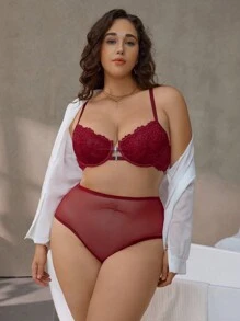 Plus Size Lingerie Set, Romantic & Simplistic Lace Patchwork Front Button, Comfortable Daily Wear - Burgundy - View 5