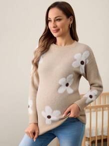 SHEIN Suéter de punto de manga larga para mujeres embarazadas, otoño/invierno - Camel - Ver 5