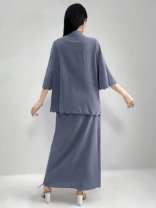 Mulvari 2 件套女士纯色贝壳边饰衬衫和裙子休闲套装 - 霧霾藍 - 查看 9